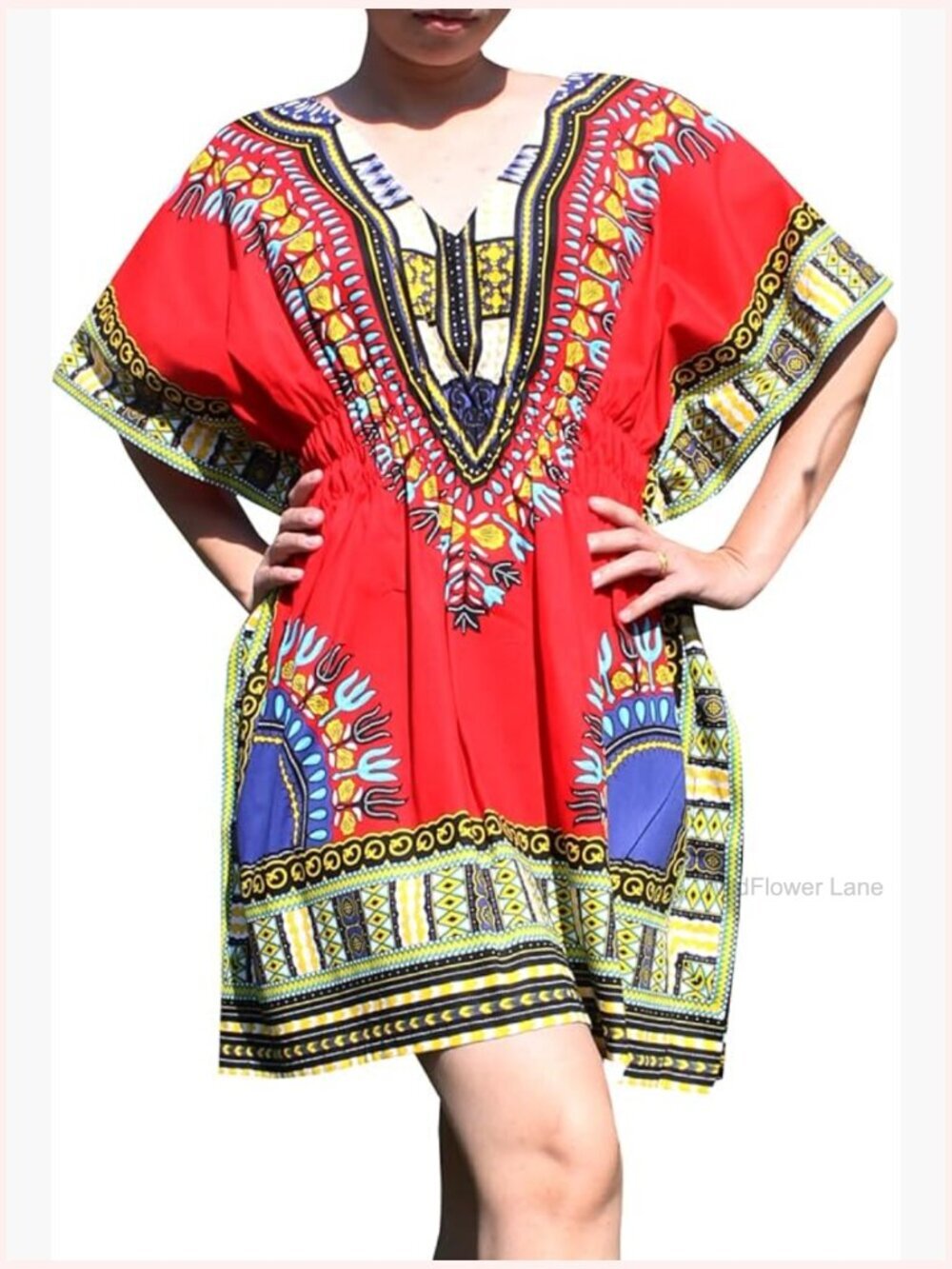 Dashiki Print Blouse Loose Fit V-Neck Batwing Sleeve Summer Cotton Top